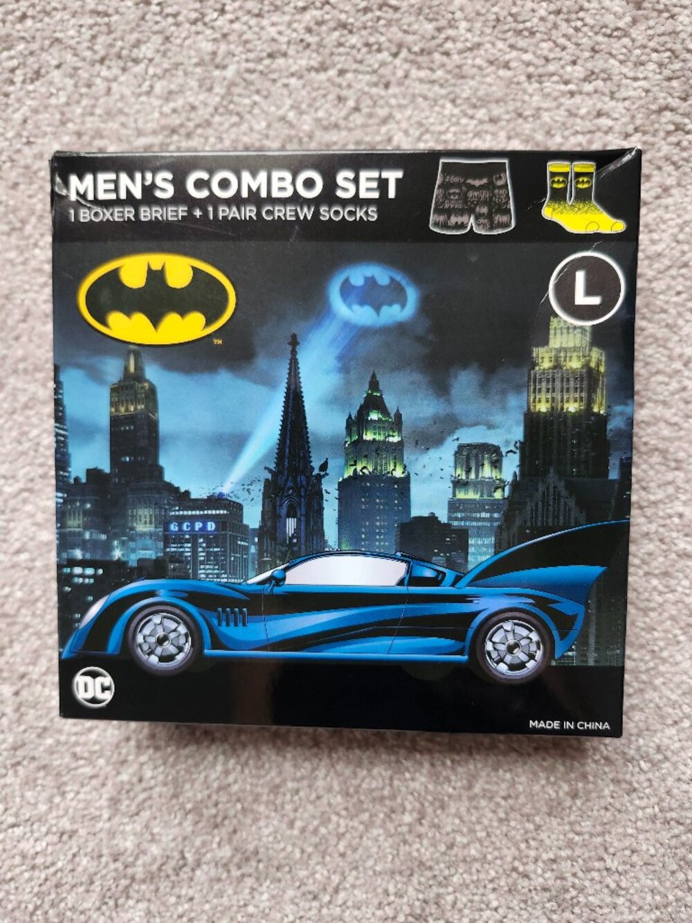 Boxed Men's Batman Combo Set - 1 Boxer Brief + 1 Pair Crew Socks - Size Large